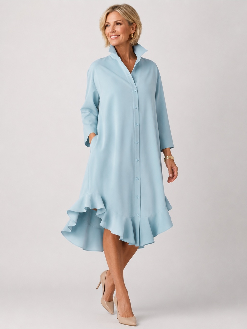 NWT Brian Bailey - Light Blue Long-Sleeve Ruffle-Hem Shirt Dress- SzS(fits to L)